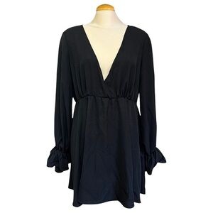 Black SHEIN Curve 2XL Long-Sleeve Dress | Deep V-Neck & Ruffle Sleeves | GUC